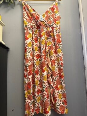 LOFT Cream Sundress with Red-Orange & Yellow Floral Print